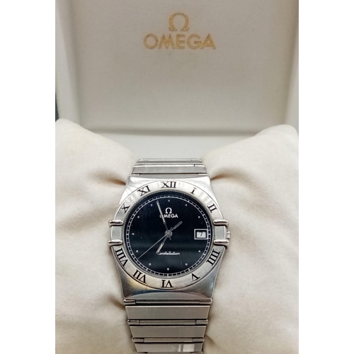 293 - OMEGA CONSTELATION QUARTZ BRACELET WATCH WITH ORIGINAL BOX AND PAPERS. 32mm. Needs batteries.