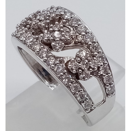 482 - 18CT WHITE GOLD FANCY WIDE BAND RING DIAMOND SET 5.8G 0.85CT SIZE N