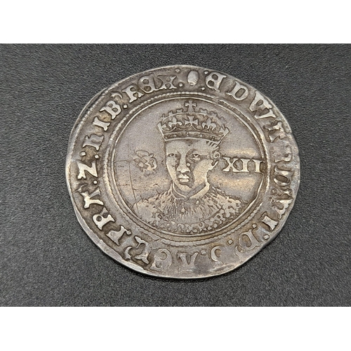 13 - A 1551-53 Edward VI Silver Shilling Coin. Facing bust, Rose I value XIIr.y tun MM. Spink -2482. VF c... 