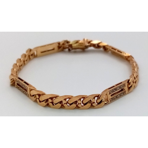 242 - A Sophisticated 9K Yellow Gold Bar and Curb Link Bracelet. Decorated with bright white stones. 16.5g... 