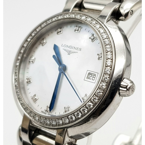 27 - Excellent Condition Ladies Longines Prima Luna Stainless Steel and Diamond Quartz Watch. Set with 48... 