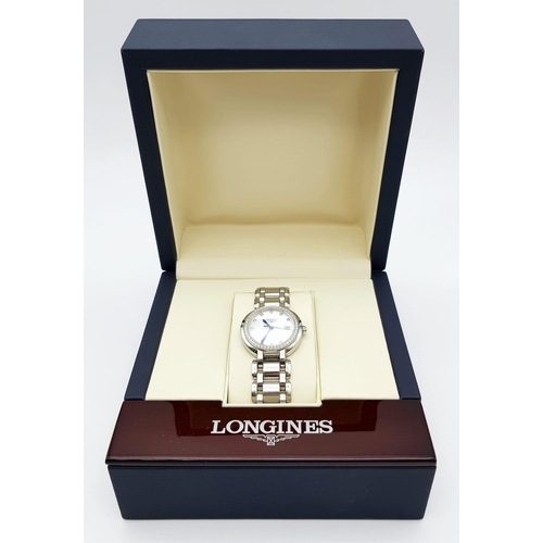 27 - Excellent Condition Ladies Longines Prima Luna Stainless Steel and Diamond Quartz Watch. Set with 48... 