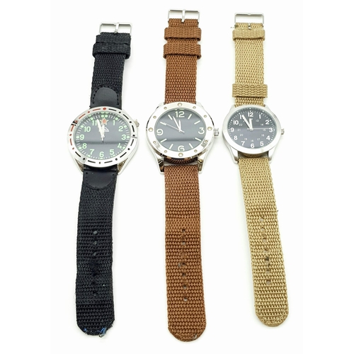 608 - 3 Military Homage Watches all working with new Batteries including a Russian Tank Watch, 1950’s Egyp... 