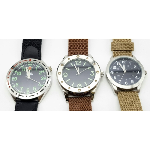 608 - 3 Military Homage Watches all working with new Batteries including a Russian Tank Watch, 1950’s Egyp... 