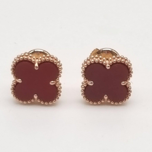 8 - A Pair of 18K Rose Gold Van Cleef and Arpels Alhambra Carnelian Stud Earrings. Light and delicate th... 