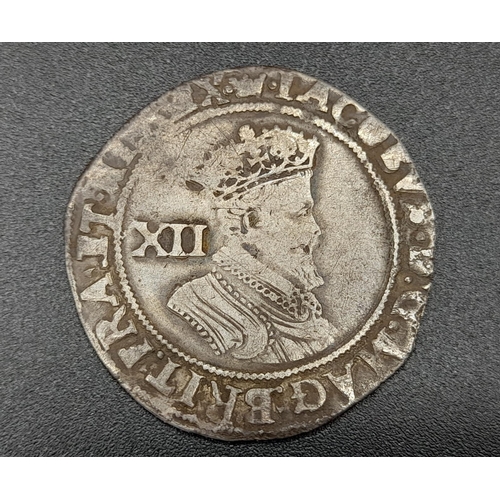 83 - A 1607-09 James I Silver Shilling Coin. Full flan. Mint mark coronet. GF condition but please see ph... 