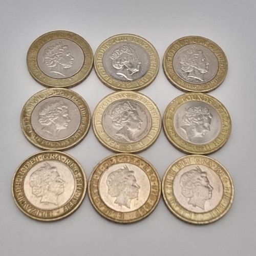 480 - Nine Collectible English Two Pound Coins: Robert Burns, Rugby world cup, William Shakespeare x2, Bru... 