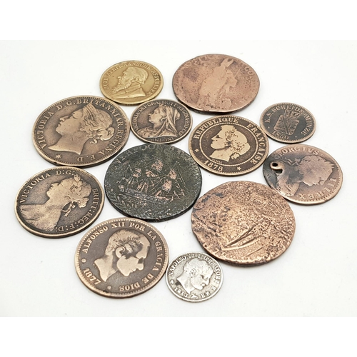 523 - A Mixed Collection of Coins and Tokens From the 17 and 1800s. Please see photos for conditions. 12 i... 