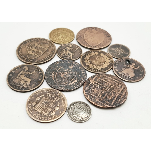 523 - A Mixed Collection of Coins and Tokens From the 17 and 1800s. Please see photos for conditions. 12 i... 