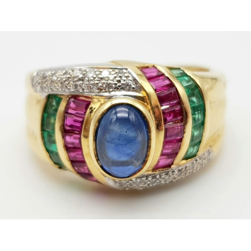 526 - 18K Gold Multi-Gemstone Ring. A central sapphire cabochon with decorative bands of emeralds, rubies ... 