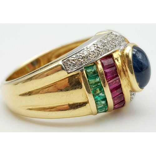 526 - 18K Gold Multi-Gemstone Ring. A central sapphire cabochon with decorative bands of emeralds, rubies ... 