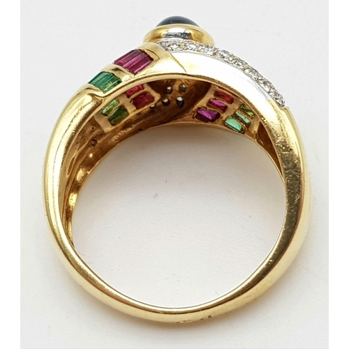 526 - 18K Gold Multi-Gemstone Ring. A central sapphire cabochon with decorative bands of emeralds, rubies ... 