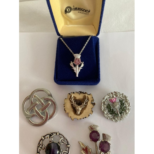 413 - Selection of Scottish/Celtic themed brooches and pendant with chain. Vintage and later.