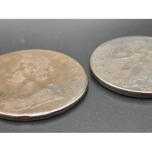 474 - Two George II Half Penny Coins. 1739, 1752. Please see photos for conditions. Spink- 3717 and 3719.