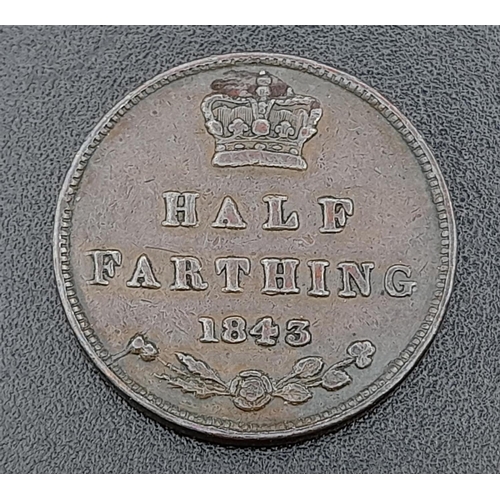 487 - An 1843 Queen Victoria Half Farthing Coin. EF condition but please see photos. Spink - 3951.