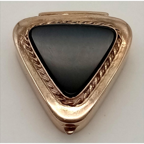 516 - A Vintage Solid Silver Onyx Triangle Pill Box - In the form of a Pendant. 3cm. 15.1g total weight.