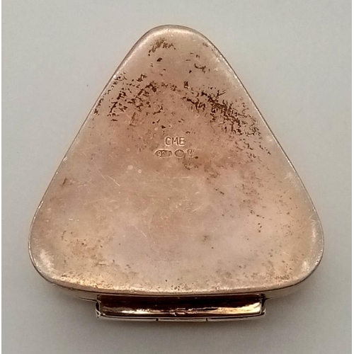 516 - A Vintage Solid Silver Onyx Triangle Pill Box - In the form of a Pendant. 3cm. 15.1g total weight.