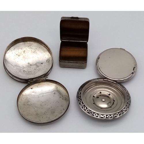 669 - A collection of 3 solid silver pill/snuff boxes to consist of: 
An enamel box (tested 800 silver) 38... 