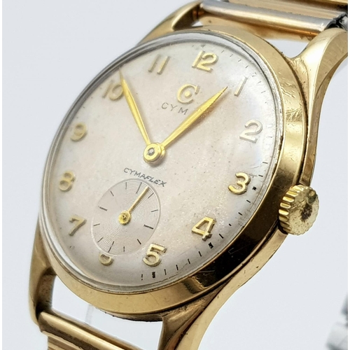 48 - A Vintage Cyma 9K Gold-Cased Watch. Expandable strap with gold case - 28mm. Second sub dial. Mechani... 