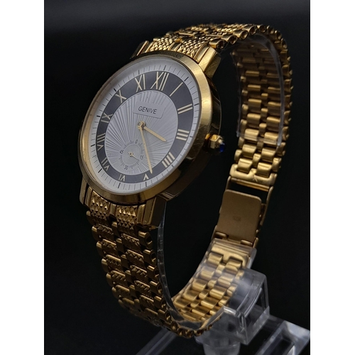 12 - A 21K yellow gold GENIVE gents watch . 33 mm dial with white and black face, gold hands and Roman nu... 