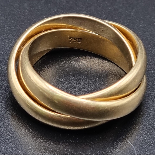 320 - 18ct yellow gold (hallmarked 750) Russian tri ring / wedding band. Size G, 8.2 grams.