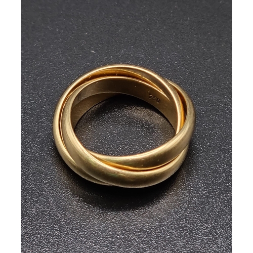 320 - 18ct yellow gold (hallmarked 750) Russian tri ring / wedding band. Size G, 8.2 grams.