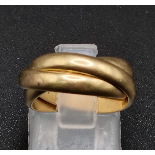 320 - 18ct yellow gold (hallmarked 750) Russian tri ring / wedding band. Size G, 8.2 grams.