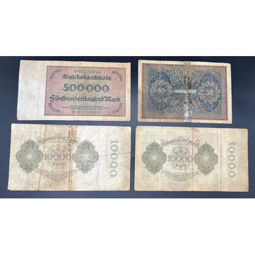 748 - Four Rare Vintage Original German Reichsbanknotes 2 x 10000 marks dated 1922 and 1 x 500,000 dated 1... 