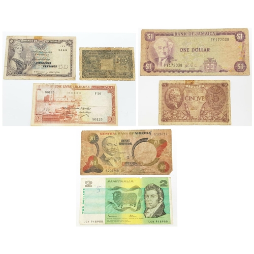 762 - A Collection of 7 Vintage Various Country Original Bank Notes comprising; An Australian 2 Dollar Not... 