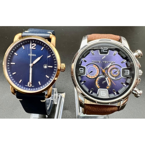 442 - Two Large Faced Statement Watches - A Blue dial Fossil and a Daniel Hechter Chronograph. 42 and 45mm... 