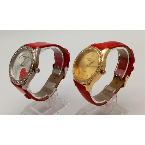 449 - A Morgan and Amelia Carter Ladies Fashion Watches. White with hearts and gilded dials. Quartz moveme... 