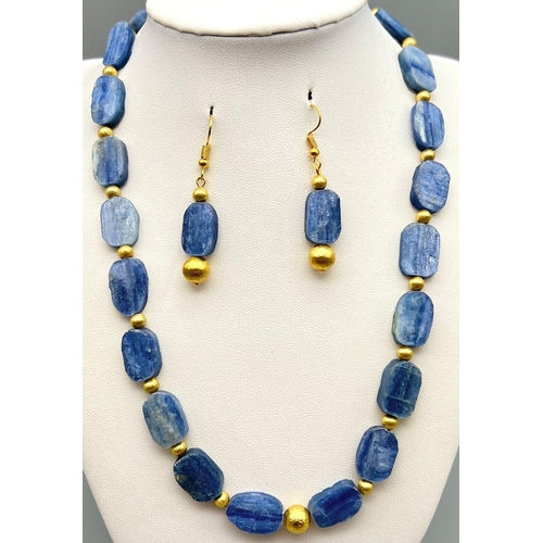 153 - An excellent quality, large beaded, Kyanite necklace and earrings set with gilded accents. Necklace ... 