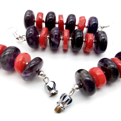 230 - A fabulous necklace and earrings set, with rondelle shaped amethysts and red coral. Necklace length:... 