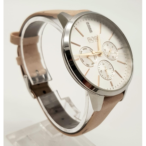 365 - A Hugo Boss Ladies Chronograph Watch. Leather strap with stainless steel case - 38mm. White dial wit... 