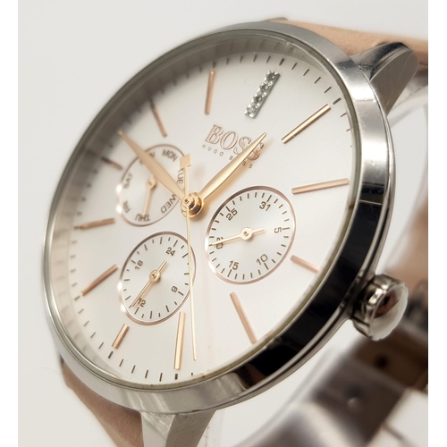 365 - A Hugo Boss Ladies Chronograph Watch. Leather strap with stainless steel case - 38mm. White dial wit... 