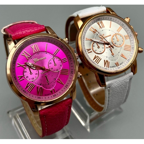 540 - Two Spunky Ladies Dress Chronograph Geneva Watches. Silver and pink dials. Quartz movement. In good ... 