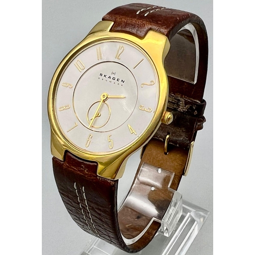 351 - A Classy Skagen of Denmark Gents Watch. Brown leather strap with a two tone case - 33mm. Quartz move... 