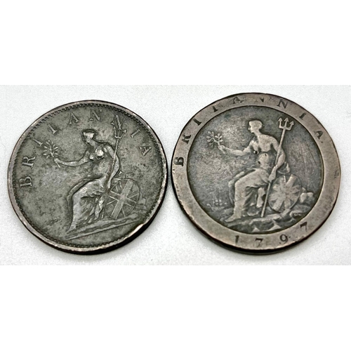 380 - A 1797 King George III Cartwheel Penny and an 1807 Penny Coin. Please see photos for conditions.