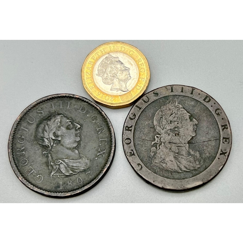 380 - A 1797 King George III Cartwheel Penny and an 1807 Penny Coin. Please see photos for conditions.