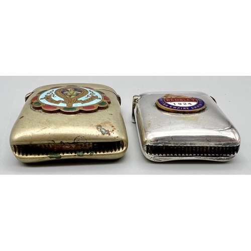 457 - Two Antique Silver Plate Vesta Cases Both with Interesting Enamel Additions.