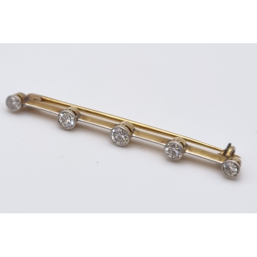 110 - A VINTAGE 9K GOLD BAR BROOCH WITH 5 DIAMONDS IN CLASSIC STYLE AND IN ORIGINAL BOX.  3.9gms