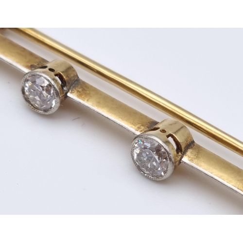 110 - A VINTAGE 9K GOLD BAR BROOCH WITH 5 DIAMONDS IN CLASSIC STYLE AND IN ORIGINAL BOX.  3.9gms