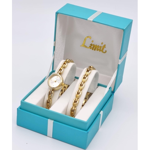 344 - A Limit Gold Plated Ladies Quartz Watch with Spare Bracelet. As new, unused in original case. In ful... 