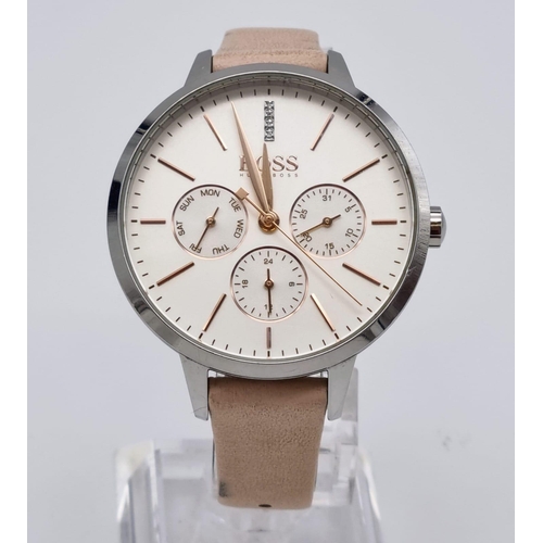 365 - A Hugo Boss Ladies Chronograph Watch. Leather strap with stainless steel case - 38mm. White dial wit... 