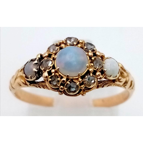 131 - AN OPEL AND DIAMOND CLUSTER RING IN 9K GOLD.  2.0gms   size P