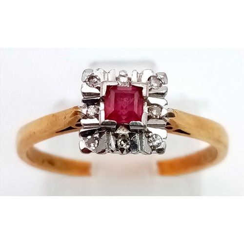 145 - AN 18K GOLD SQUARE SHAPED RUBY AND DIAMOND CLUSTER RING .  3.3gms   size P