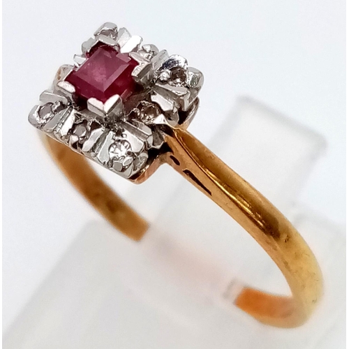 145 - AN 18K GOLD SQUARE SHAPED RUBY AND DIAMOND CLUSTER RING .  3.3gms   size P