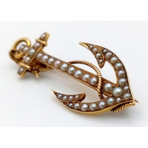 328 - A VINTAGE PEARL SET ANCHOR BROOCH IN 9K YELLOW GOLD .  7.2gms