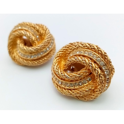 444 - A Pair of Christian Dior Gold Plated White Stone Fancy Twist Earrings. Clip-ons. Ref - 9624.