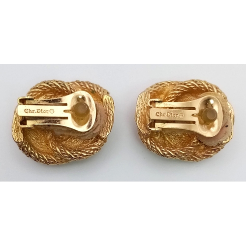 444 - A Pair of Christian Dior Gold Plated White Stone Fancy Twist Earrings. Clip-ons. Ref - 9624.